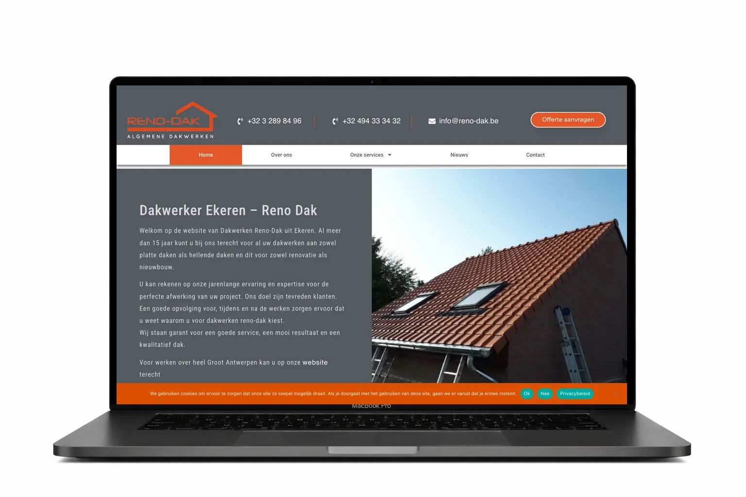 Screenshot van de website Reno-Dak, dakwerken Brasschaat, gebouwd door Website Laten Maken