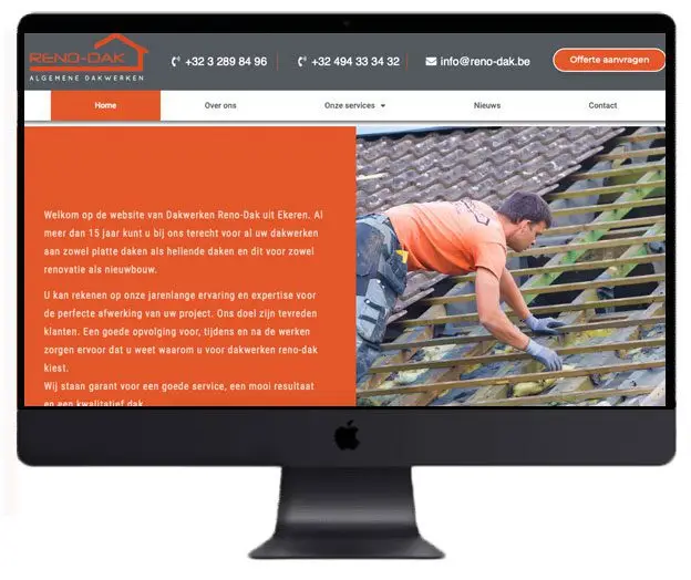 Screenshot van de website Reno-Dak, dakwerken Brasschaat, gebouwd door Website Laten Maken